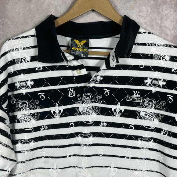 Avirex Polo Shirt Mens Large White Black Striped Short Sleeves Cotton Athleisure - Picture 2 of 9
